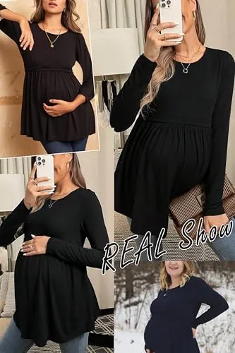 Ekouaer Maternity Shirts 3 Packs Pleated Long Sleeve Tops Tunic Casual Pregnancy Clothes