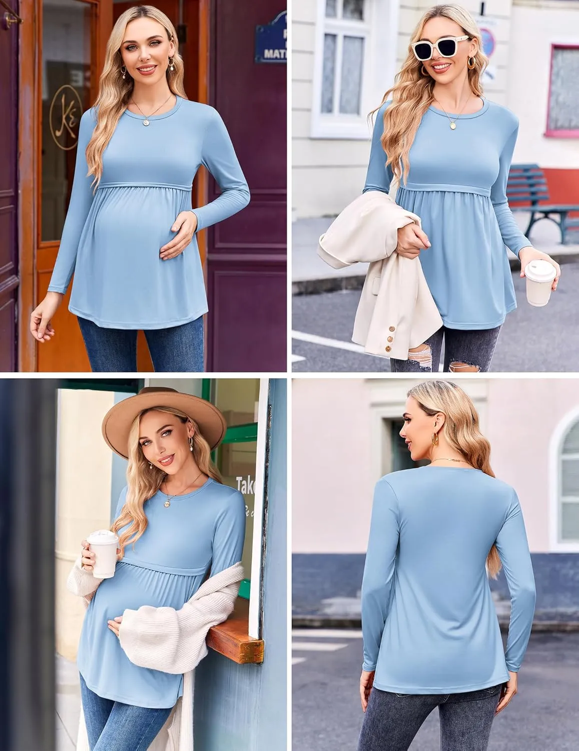 Ekouaer Maternity Shirts 3 Packs Pleated Long Sleeve Tops Tunic Casual Pregnancy Clothes