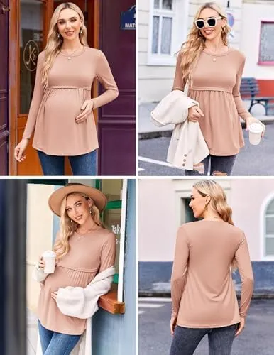Ekouaer Maternity Shirts 3 Packs Pleated Long Sleeve Tops Tunic Casual Pregnancy Clothes