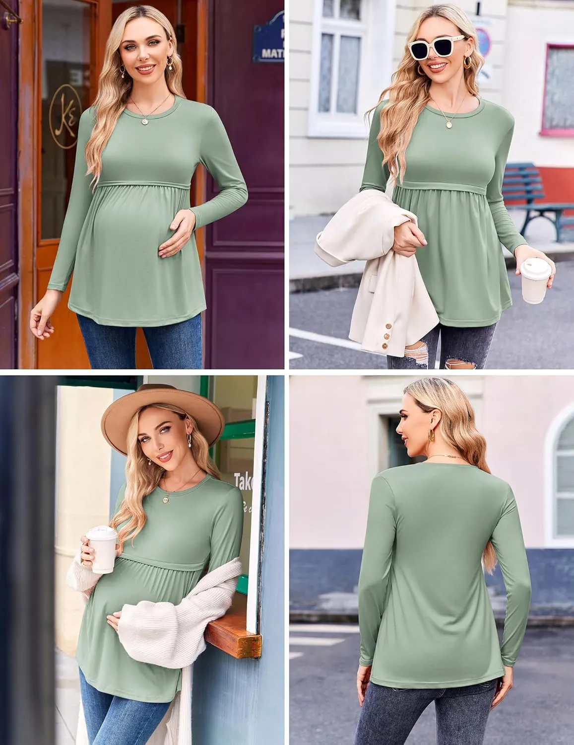 Ekouaer Maternity Shirts 3 Packs Pleated Long Sleeve Tops Tunic Casual Pregnancy Clothes