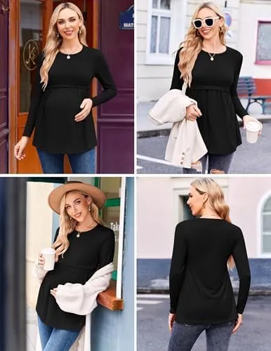 Ekouaer Maternity Shirts 3 Packs Pleated Long Sleeve Tops Tunic Casual Pregnancy Clothes