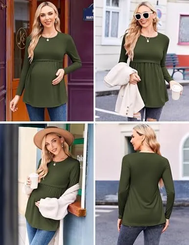 Ekouaer Maternity Shirts 3 Packs Pleated Long Sleeve Tops Tunic Casual Pregnancy Clothes