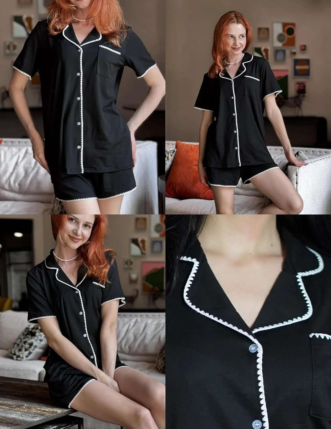 Ekouaer Pajamas for Women Set 2 Piece Soft Button Up Pjs Short Sleeve Summer Lounge Sets Comfy Sleepwear