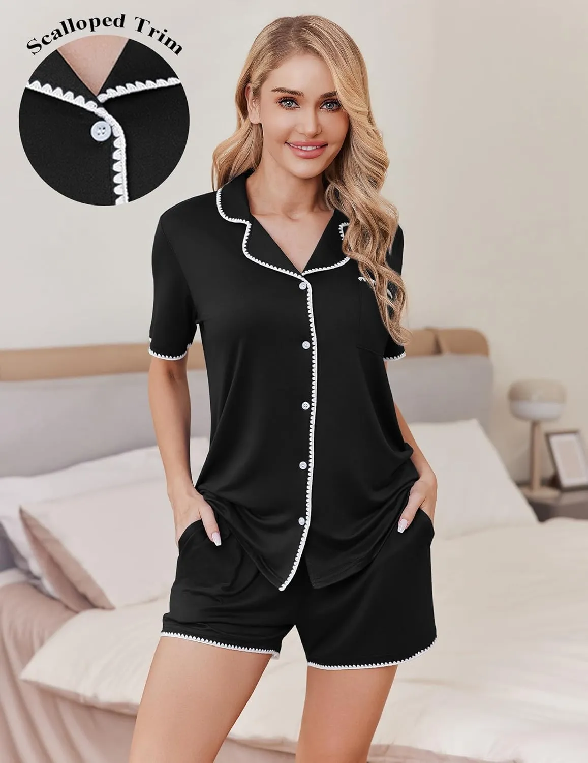 Ekouaer Pajamas for Women Set 2 Piece Soft Button Up Pjs Short Sleeve Summer Lounge Sets Comfy Sleepwear