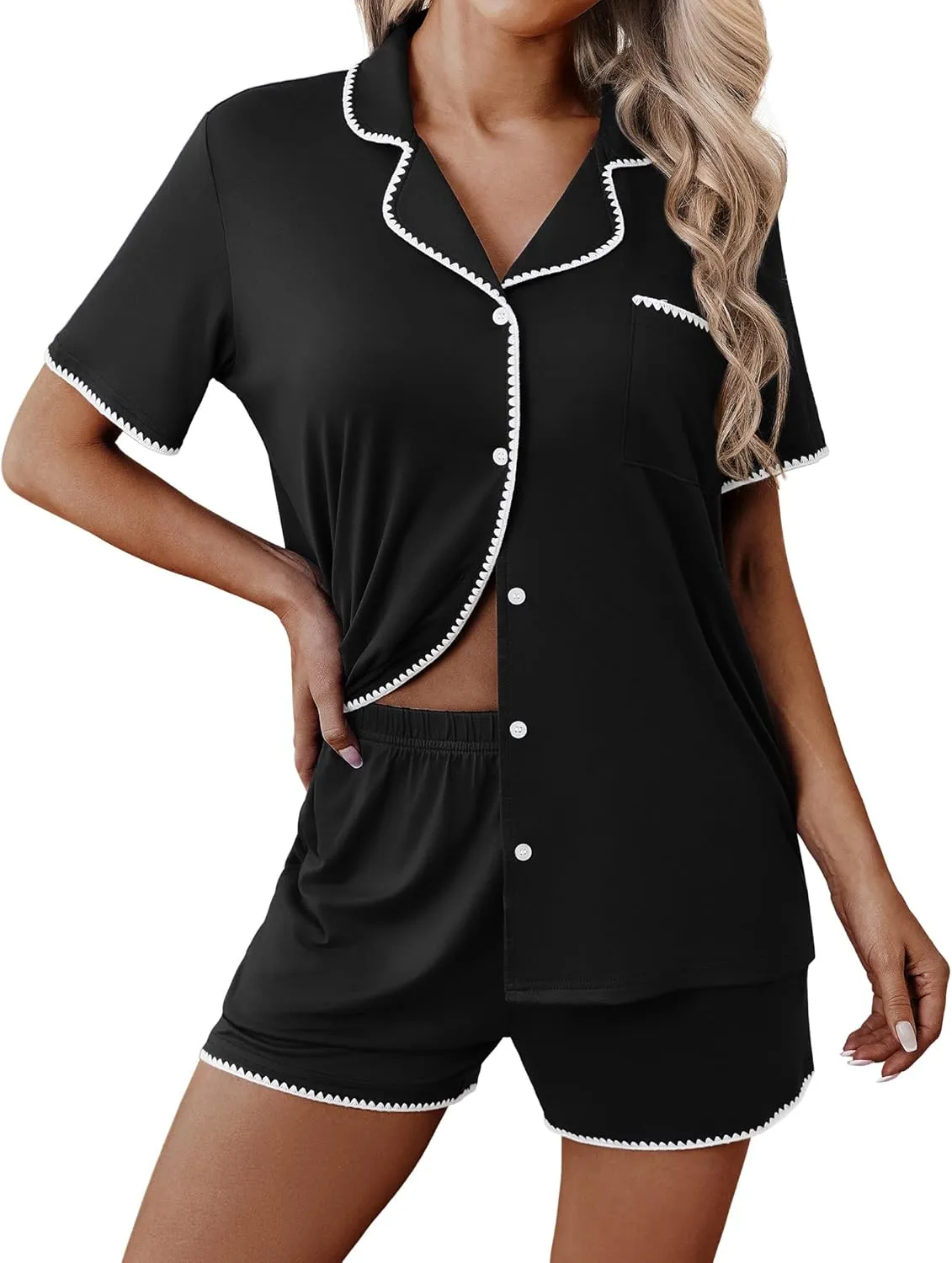 Ekouaer Pajamas for Women Set 2 Piece Soft Button Up Pjs Short Sleeve Summer Lounge Sets Comfy Sleepwear