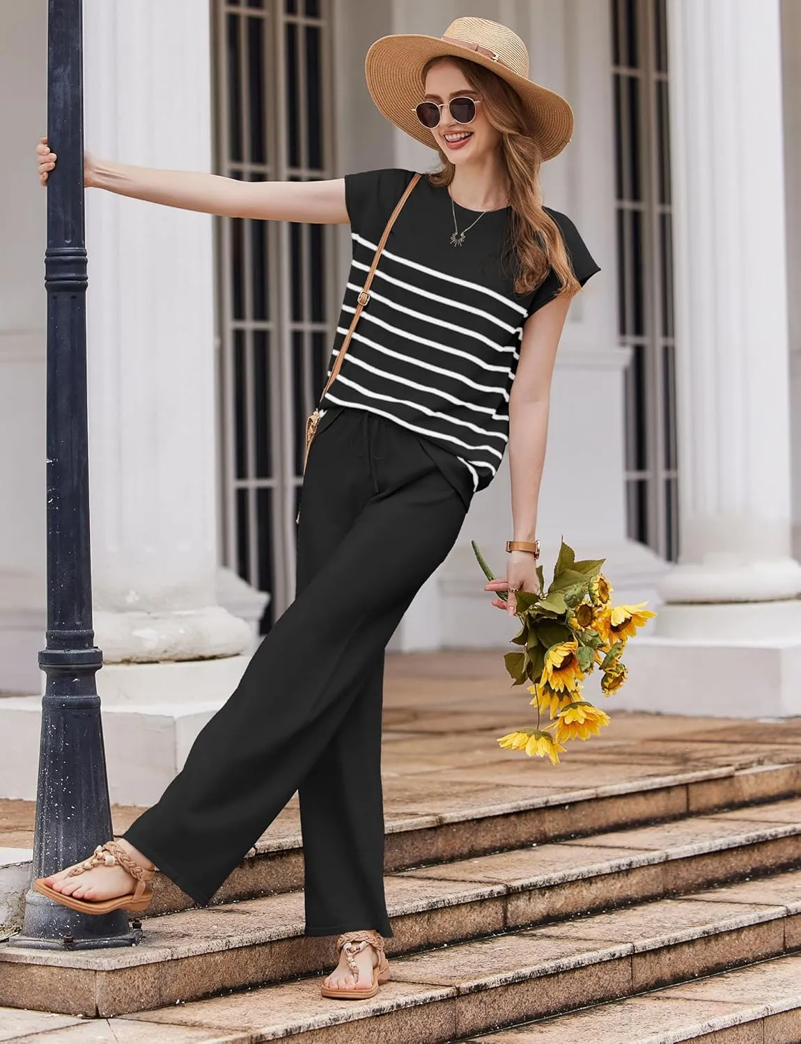 Ekouaer Striped Lounge Set 2 Piece Sweater Matching Outfits Travel Knit Clothing Sets for Women