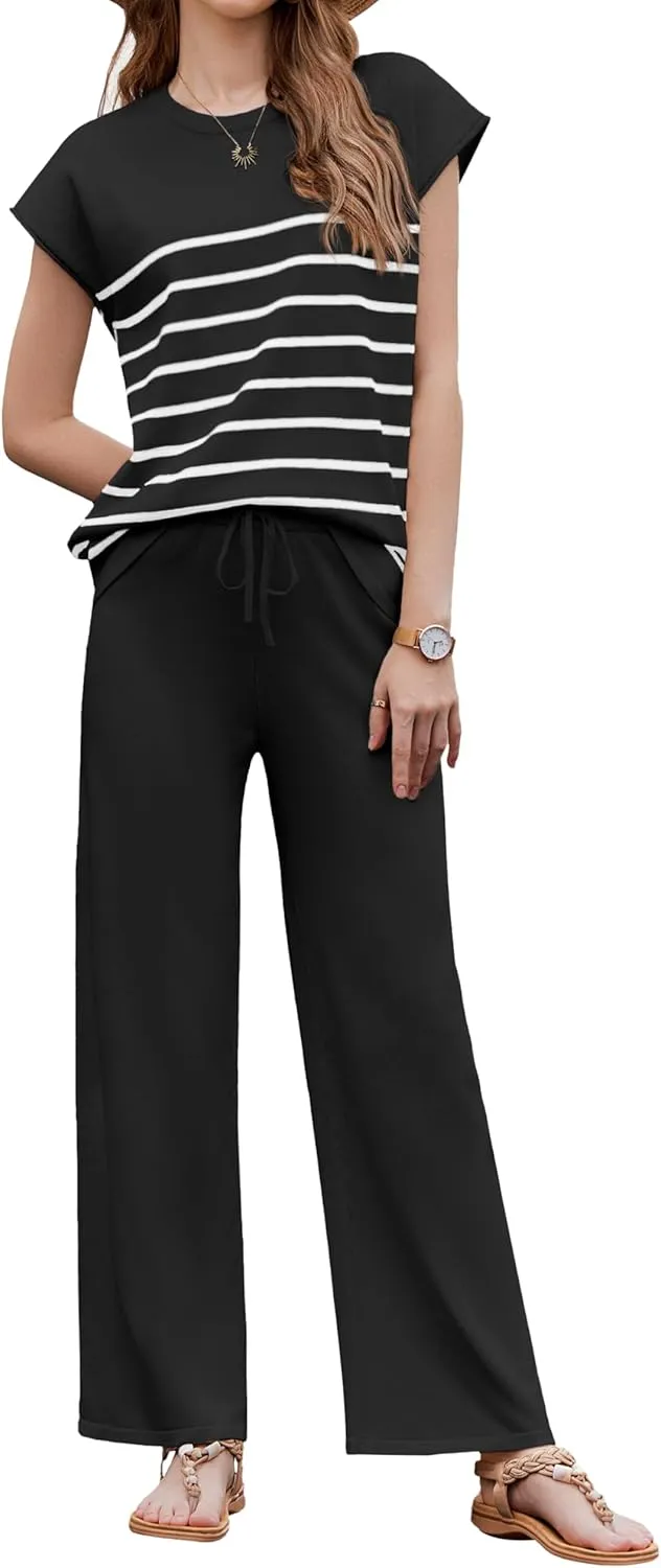 Ekouaer Striped Lounge Set 2 Piece Sweater Matching Outfits Travel Knit Clothing Sets for Women