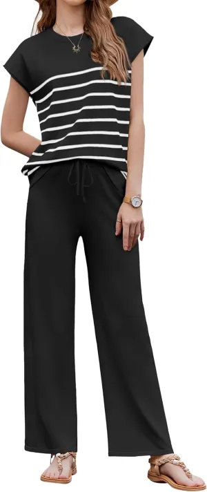 Ekouaer Striped Lounge Set 2 Piece Sweater Matching Outfits Travel Knit Clothing Sets for Women