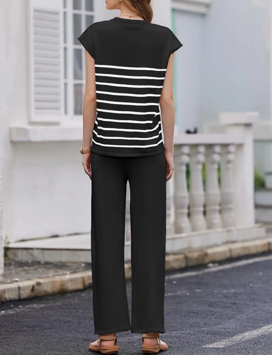 Ekouaer Striped Lounge Set 2 Piece Sweater Matching Outfits Travel Knit Clothing Sets for Women