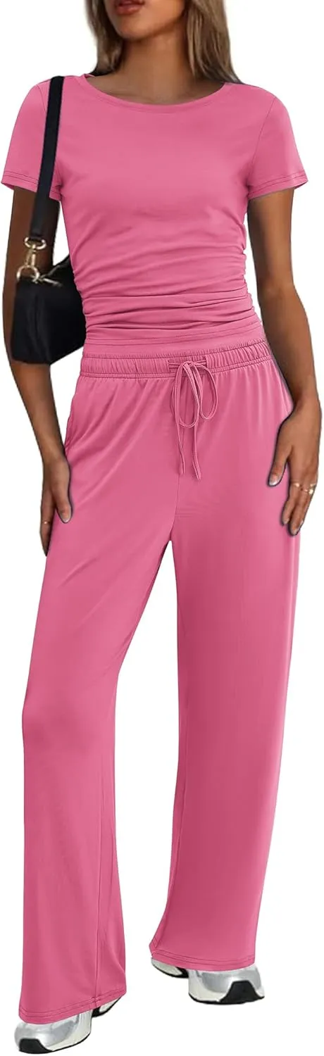 Ekouaer Women's 2 Piece Sets Outfits Short Sleeve Wide Leg Tracksuits Casual Lounge Set Matching Sets with Pockets