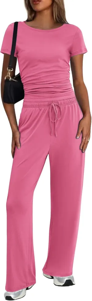 Ekouaer Women's 2 Piece Sets Outfits Short Sleeve Wide Leg Tracksuits Casual Lounge Set Matching Sets with Pockets