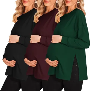 Ekouaer Womens 3 Packs Maternity Shirts Long Sleeve Side Ruched Pregnancy Tee Workout Top Tunic Blouse Mama Clothes