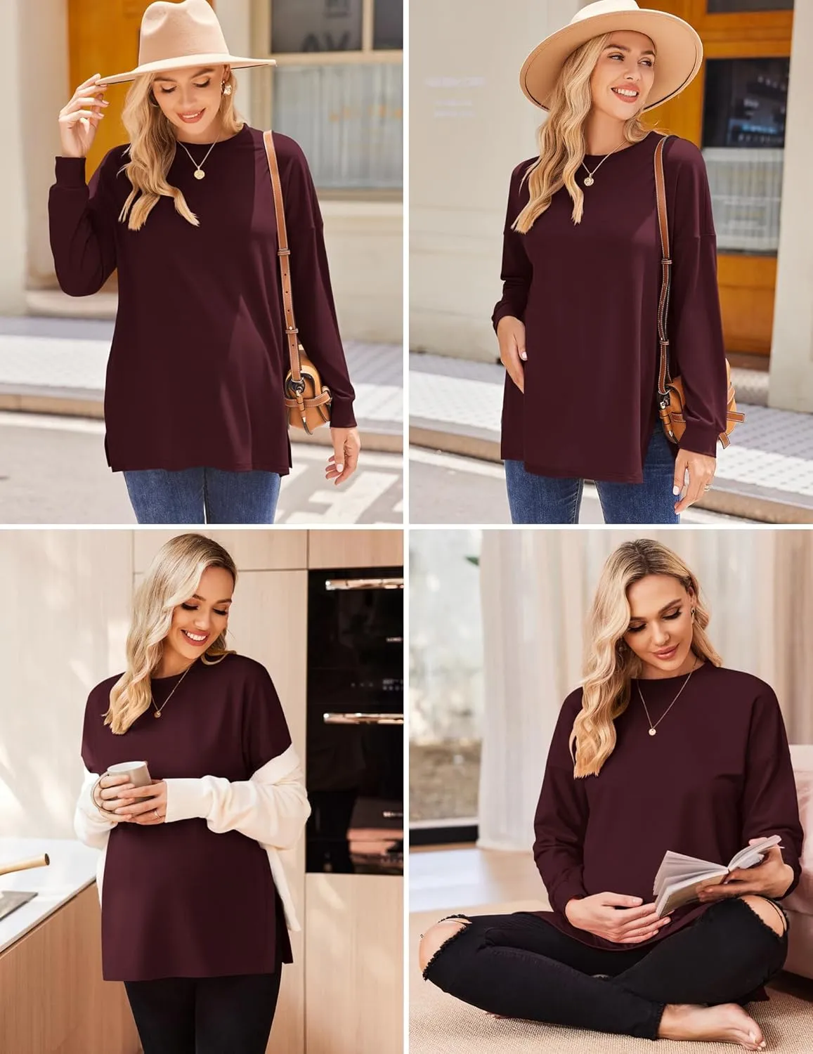 Ekouaer Womens 3 Packs Maternity Shirts Long Sleeve Side Ruched Pregnancy Tee Workout Top Tunic Blouse Mama Clothes