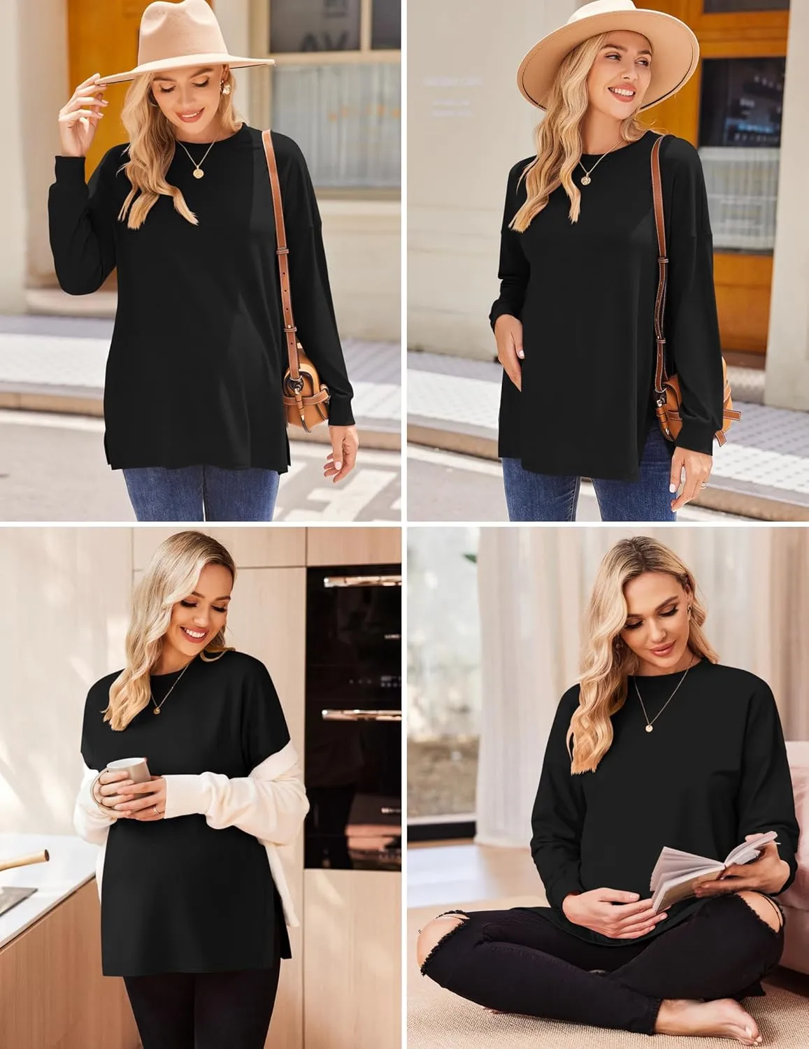 Ekouaer Womens 3 Packs Maternity Shirts Long Sleeve Side Ruched Pregnancy Tee Workout Top Tunic Blouse Mama Clothes