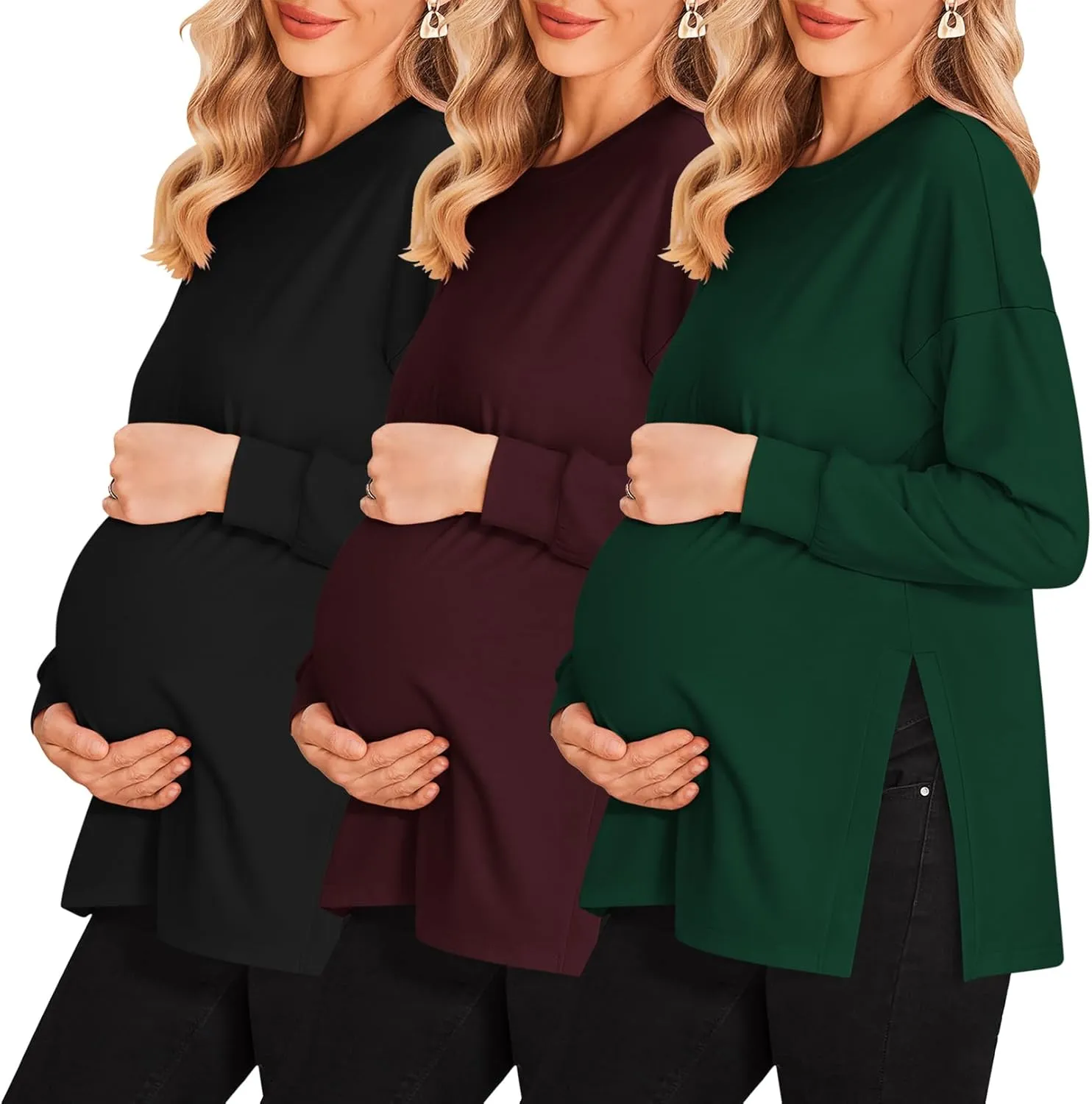 Ekouaer Womens 3 Packs Maternity Shirts Long Sleeve Side Ruched Pregnancy Tee Workout Top Tunic Blouse Mama Clothes