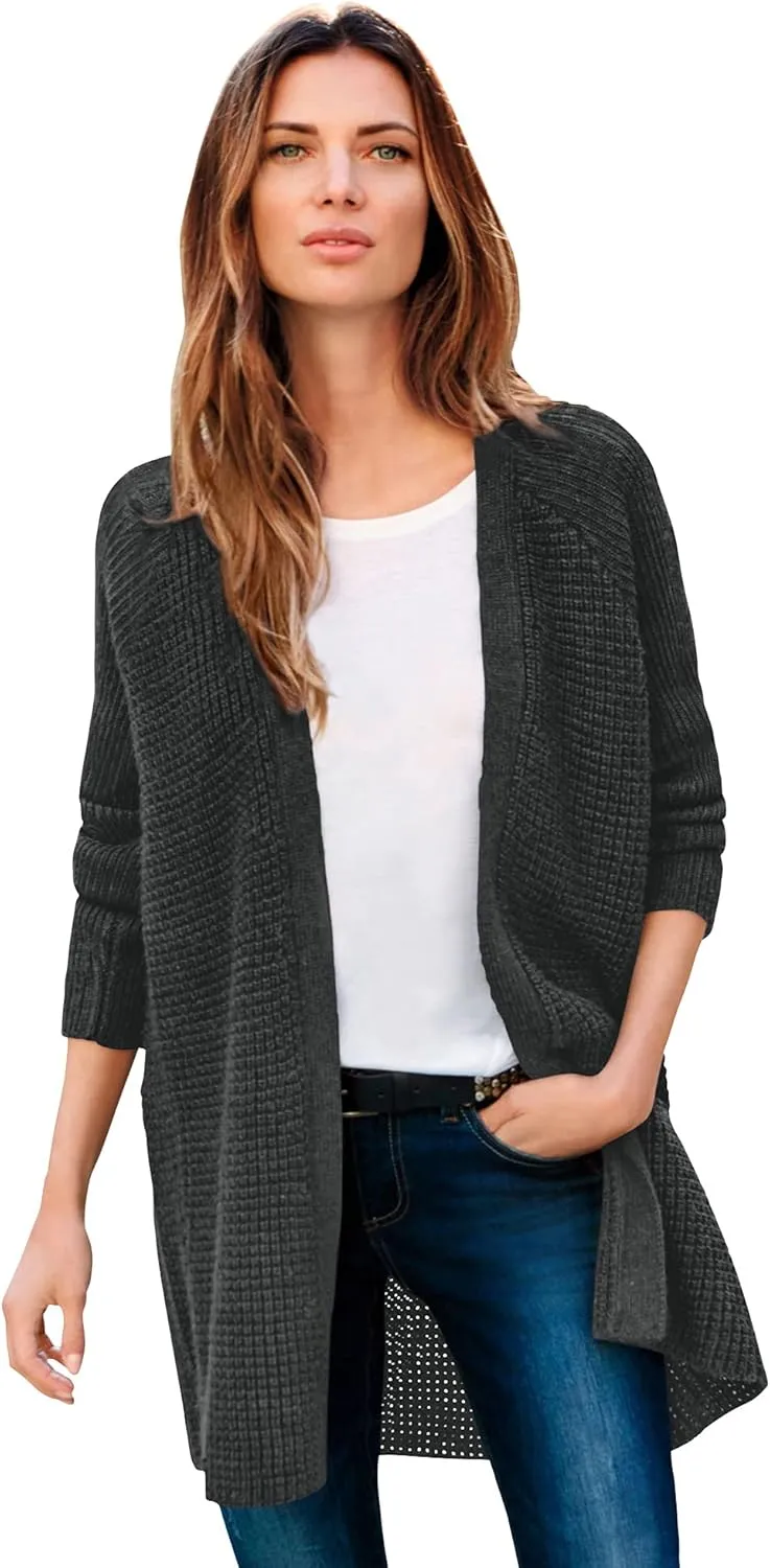 ellos Women's Plus Size Open Front Waffle Cardigan Oversized Long Lightweight Sweater