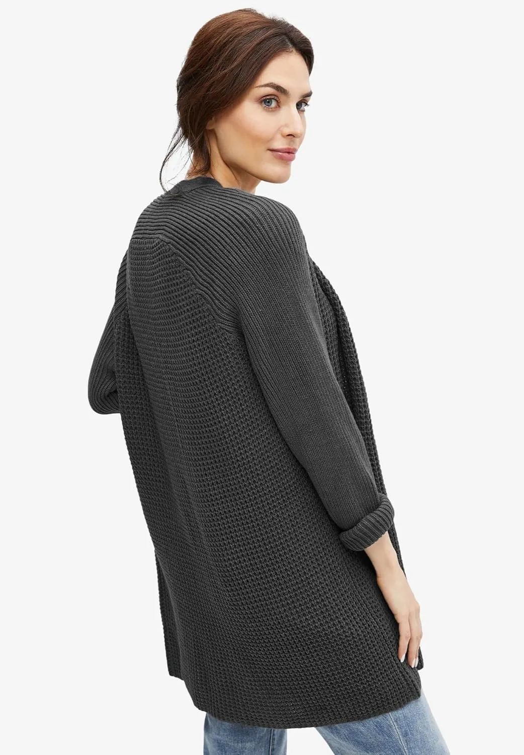 ellos Women's Plus Size Open Front Waffle Cardigan Oversized Long Lightweight Sweater