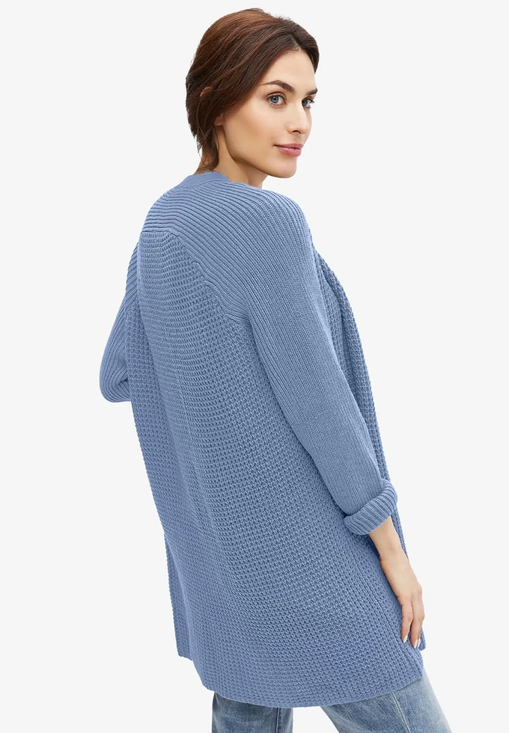 ellos Women's Plus Size Open Front Waffle Cardigan Oversized Long Lightweight Sweater