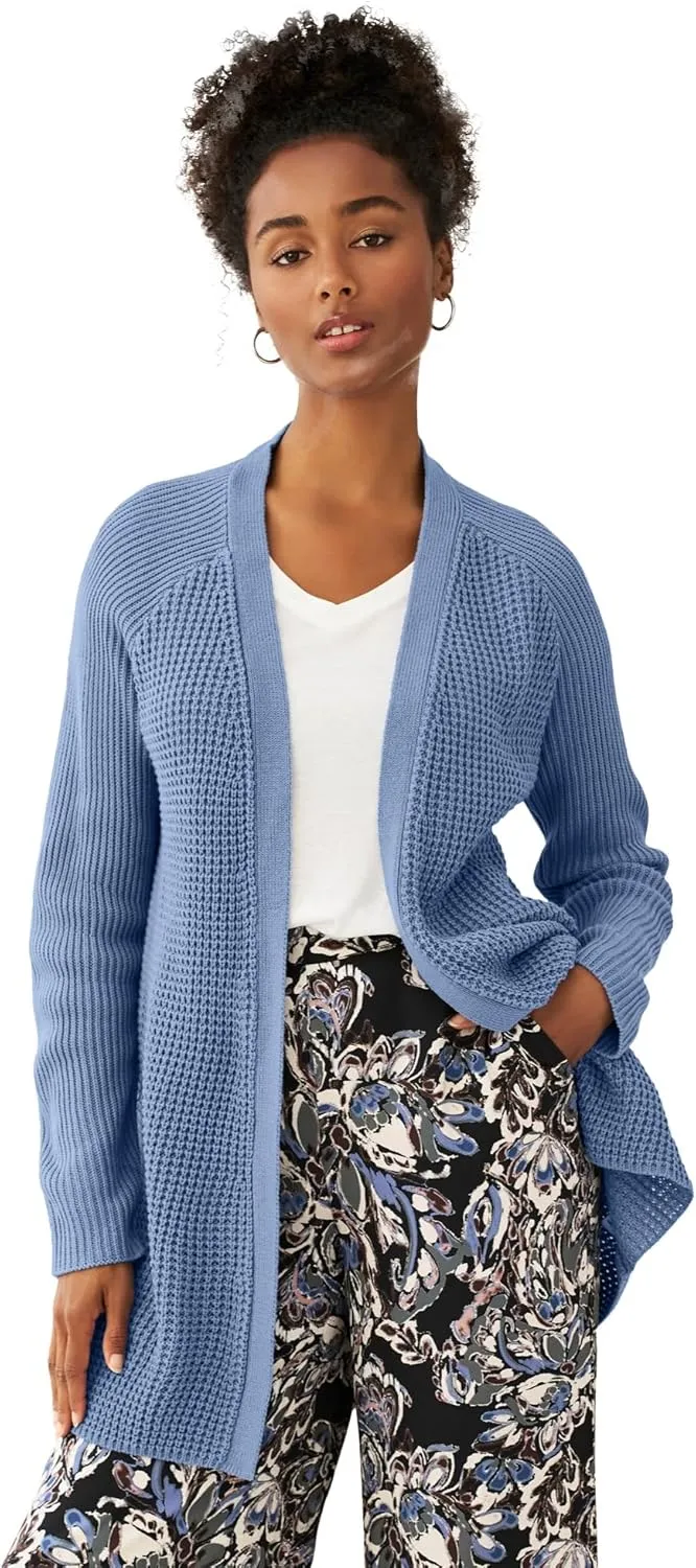 ellos Women's Plus Size Open Front Waffle Cardigan Oversized Long Lightweight Sweater