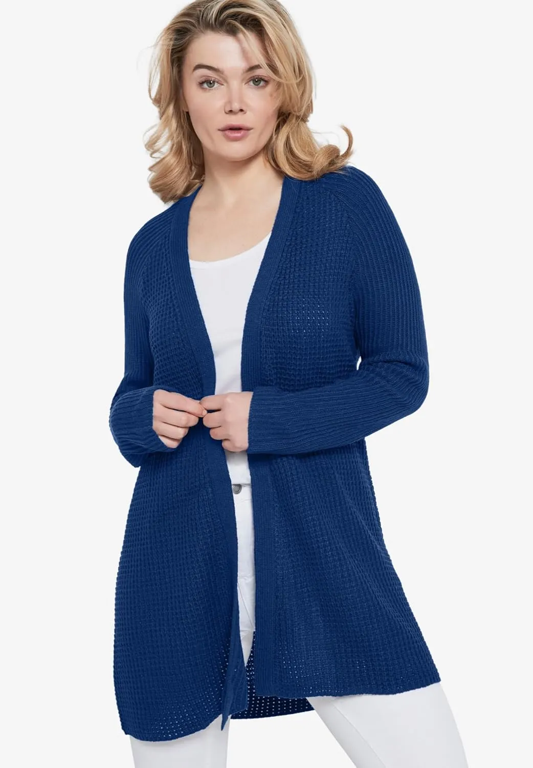 ellos Women's Plus Size Open Front Waffle Cardigan Oversized Long Lightweight Sweater