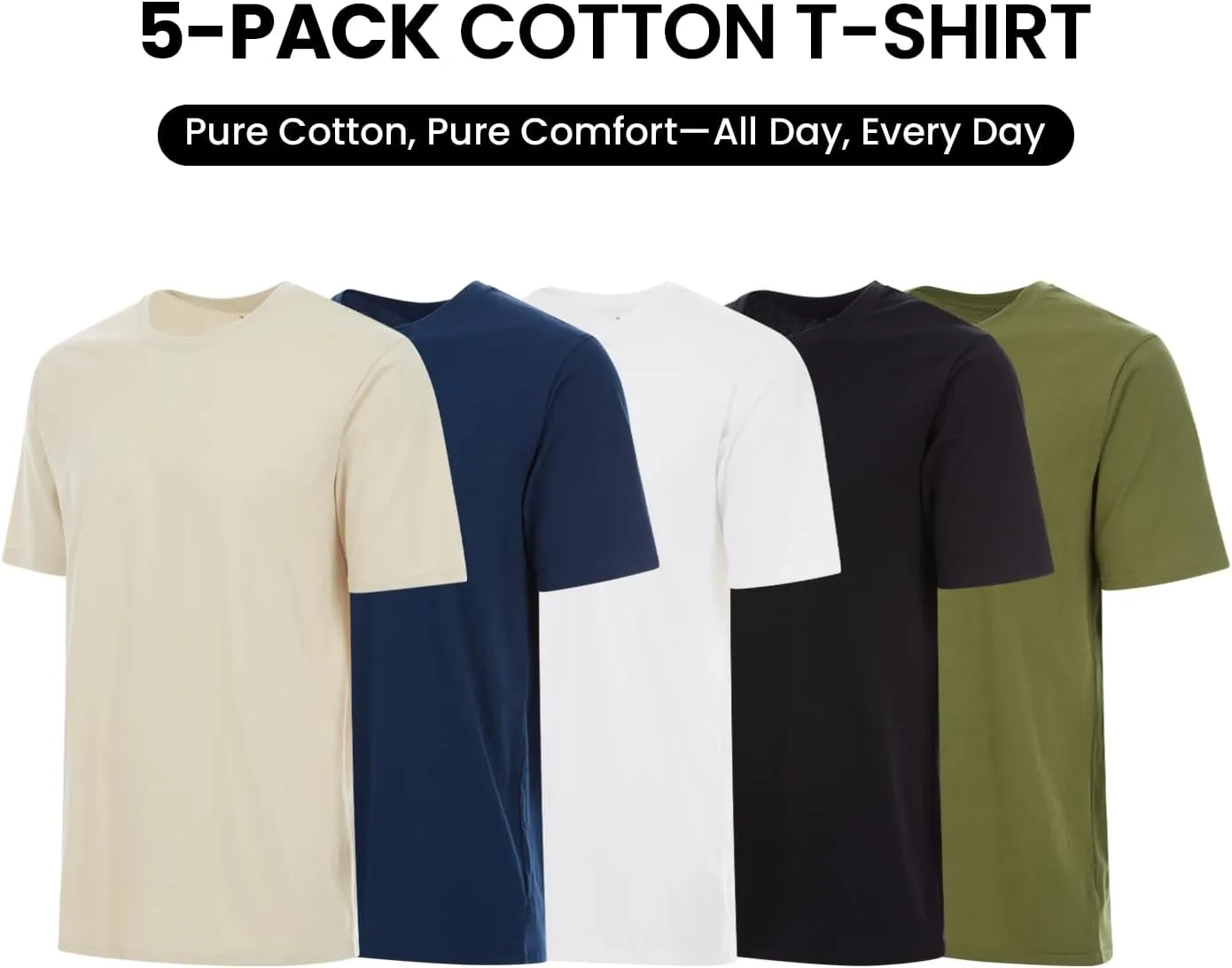 Essential Elements 5 Pack: Men's Crew Neck 100% Pure Cotton Breathable Short Sleeve T-Shirt