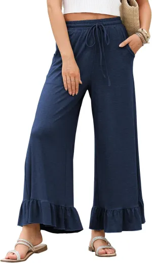 EVALESS Womens High Waisted Palazzo Pants Plain Solid Color Wide Leg Work Casual Flare Pants Teacher Beach Vacation Ruffle Hem Trousers with Pockets Navy Blue X-Large