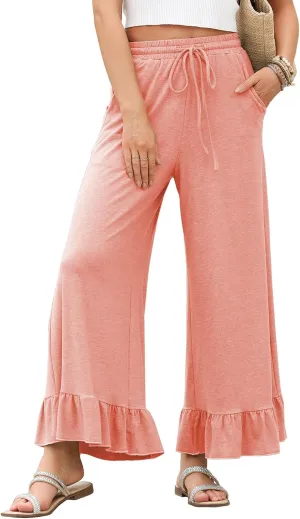 EVALESS Womens Wide Leg Pants Drawstring Elastic High Waisted Ruffle Hem Palazzo Pants with Pockets