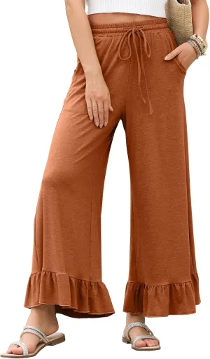 EVALESS Womens Wide Leg Pants Drawstring Elastic High Waisted Ruffle Hem Palazzo Pants with Pockets