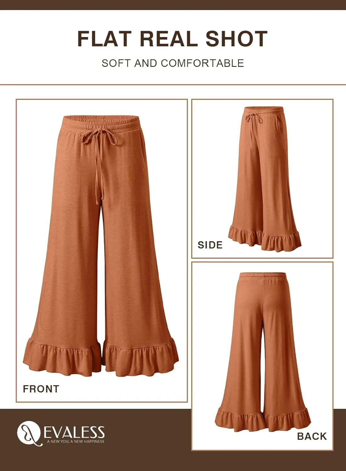EVALESS Womens Wide Leg Pants Drawstring Elastic High Waisted Ruffle Hem Palazzo Pants with Pockets