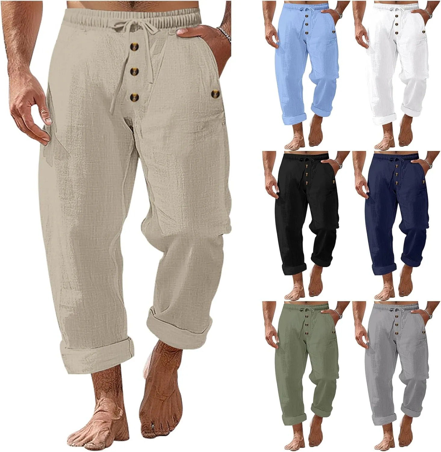 evzosrz Mens Beach Yoga Pants Drawstring Elastic Waist Button Decoration Long Pant Casual Loose Cotton Linen Summer Trousers