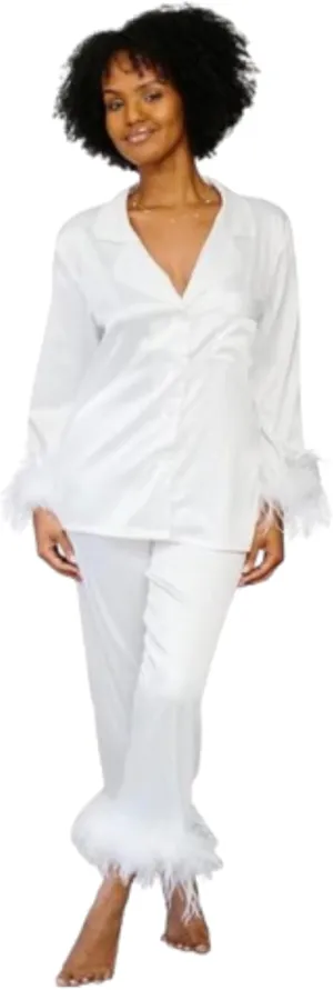 Feather Bridal Pajamas - Satin Silk Pants and Long Sleeve Feather Trim, Wedding, Bachelorette Party Sleepwear