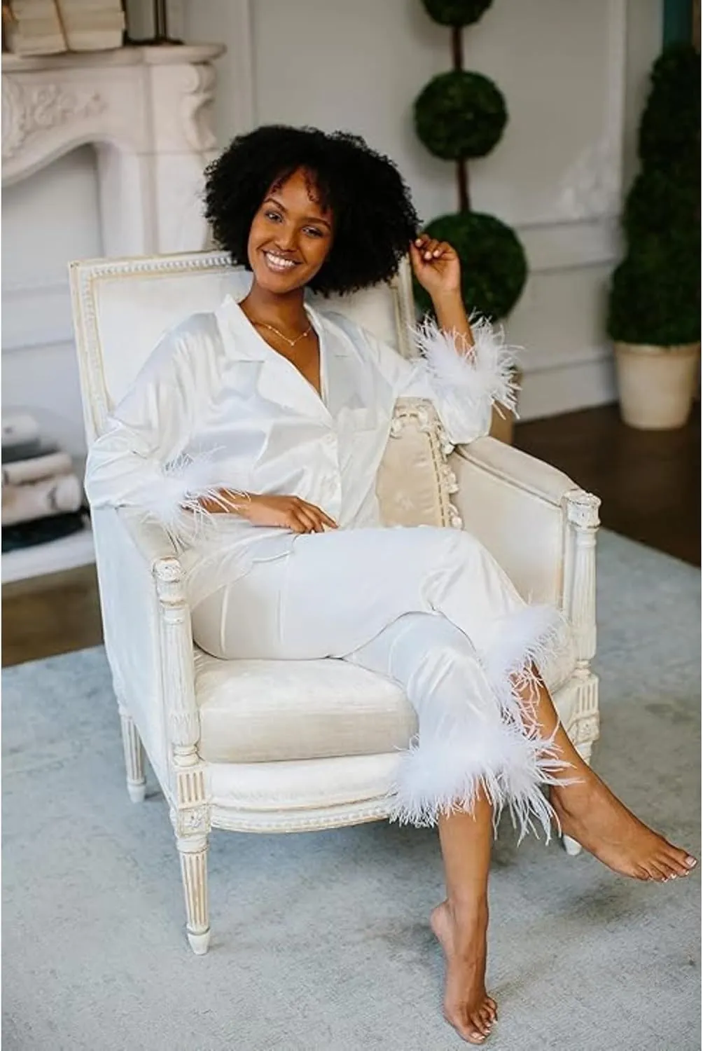 Feather Bridal Pajamas - Satin Silk Pants and Long Sleeve Feather Trim, Wedding, Bachelorette Party Sleepwear