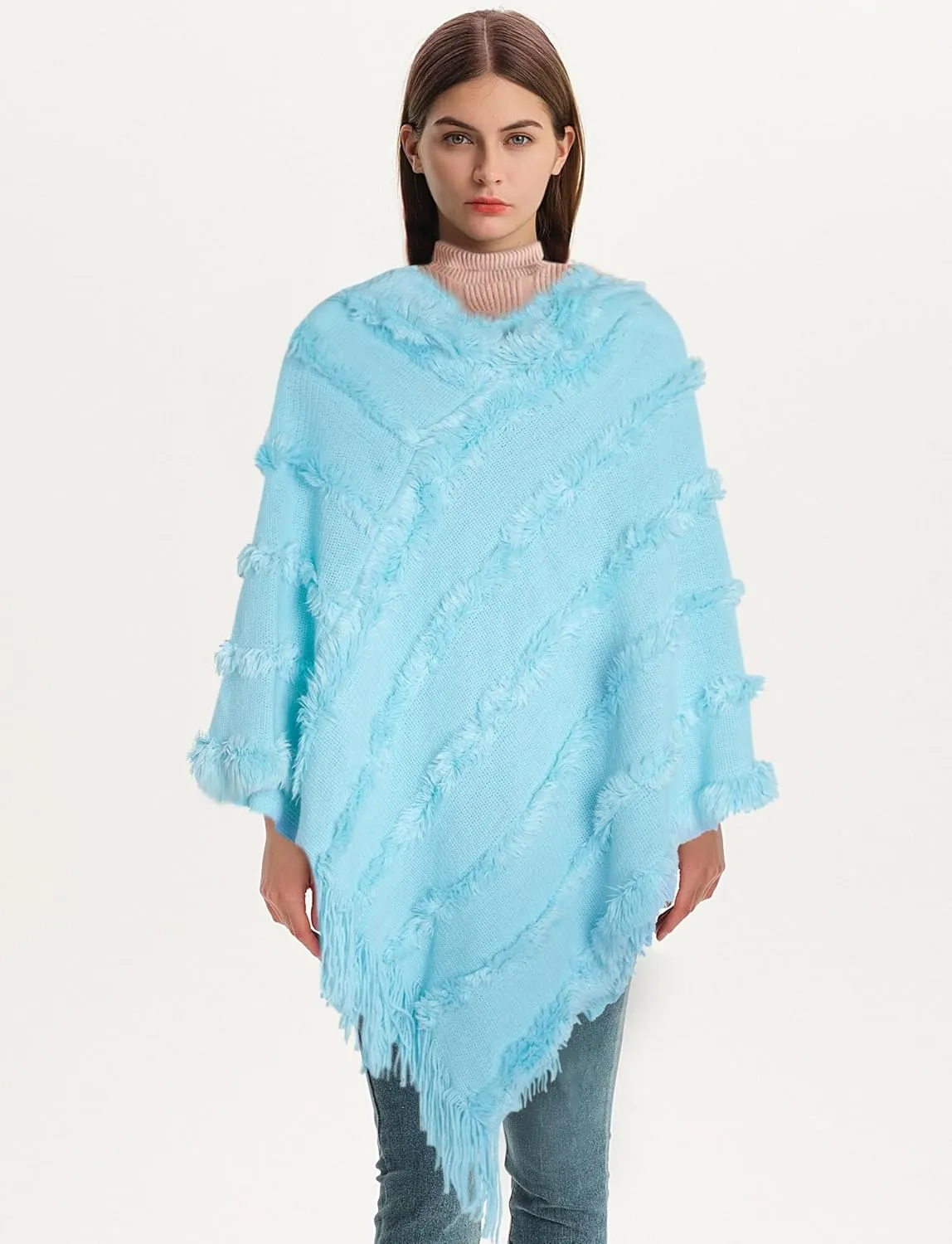 FEOYA Women's Casual Hooded Sweater Pullover with Fringe Batwing Shawls Wraps Crochet Pattern Knitted Poncho