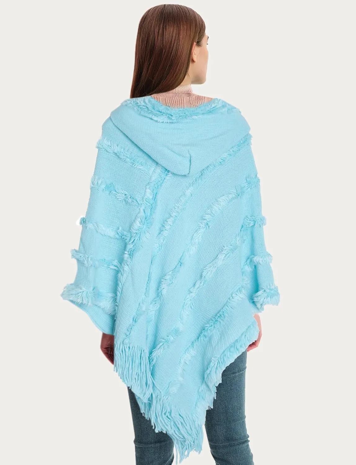 FEOYA Women's Casual Hooded Sweater Pullover with Fringe Batwing Shawls Wraps Crochet Pattern Knitted Poncho