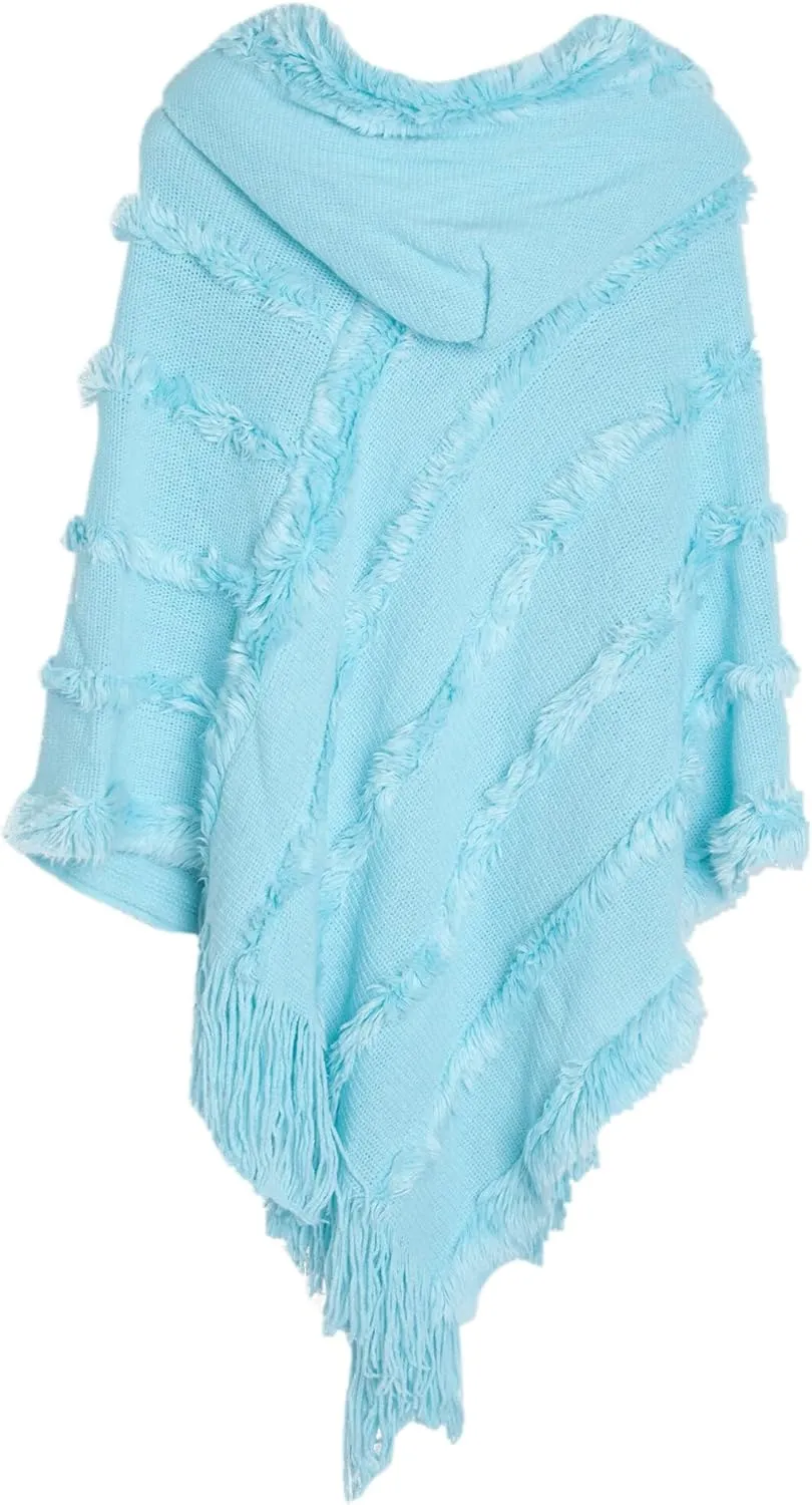 FEOYA Women's Casual Hooded Sweater Pullover with Fringe Batwing Shawls Wraps Crochet Pattern Knitted Poncho