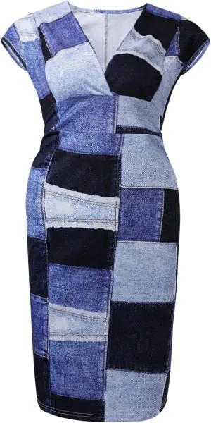 Floerns Women's Plus Size Patchwork V Neck Dress Cap Sleeve Midi Bodycon Dresses