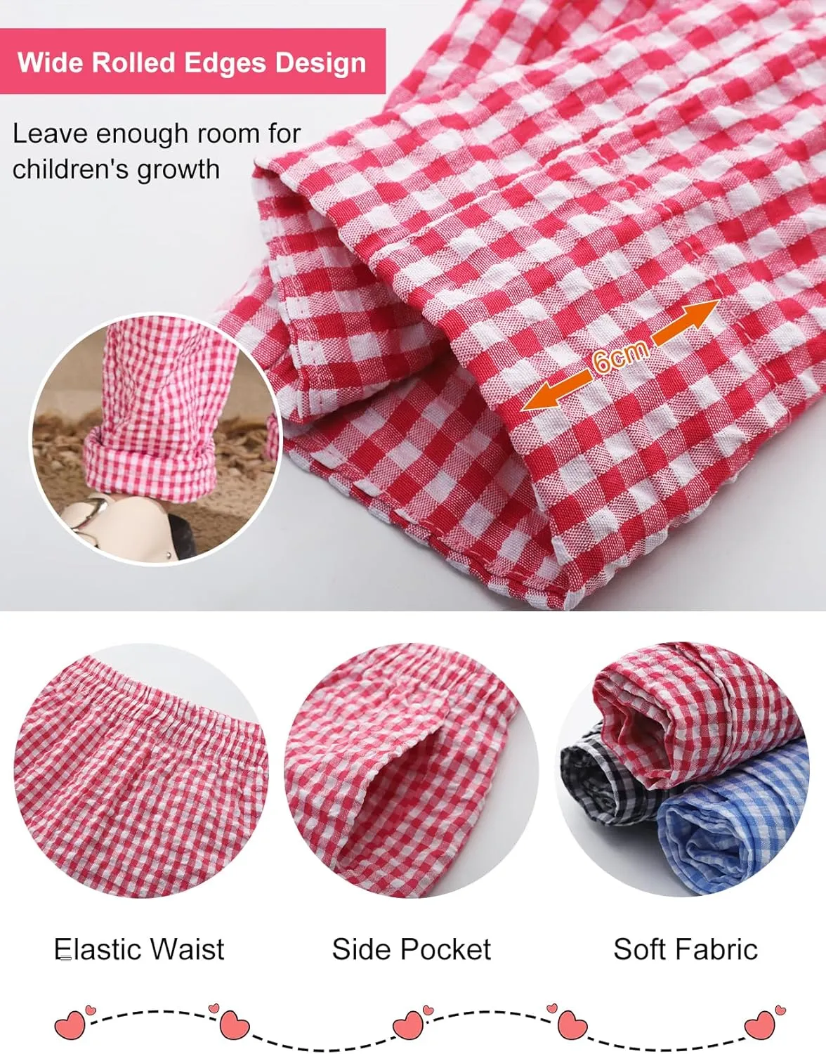 Flygo Girls Plaid Wide Leg Pants Gingham Elastic Waist Trousers Cute Print Bottoms with Slant Pockets