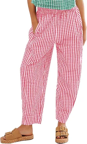 Flygo Girls Plaid Wide Leg Pants Gingham Elastic Waist Trousers Cute Print Bottoms with Slant Pockets