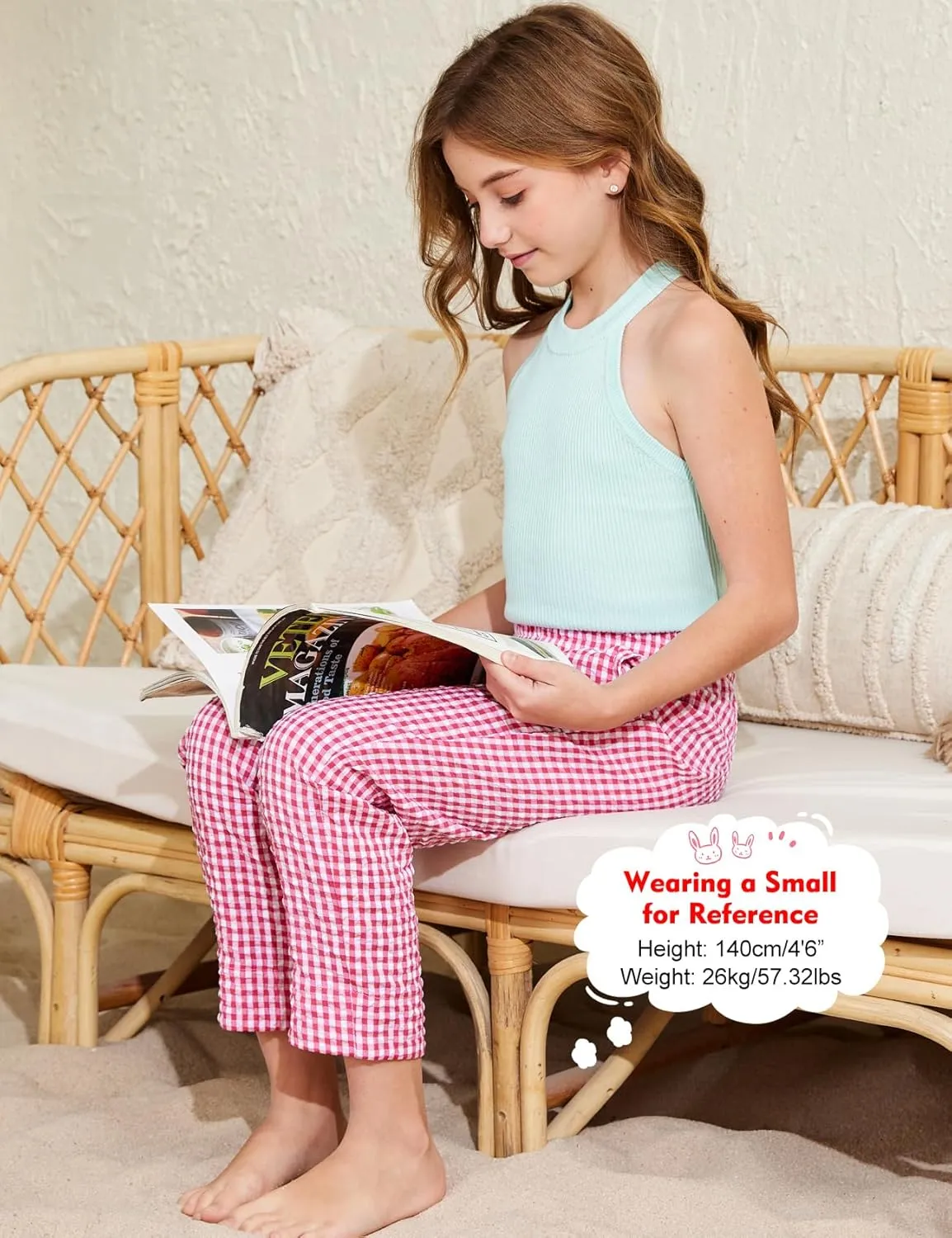 Flygo Girls Plaid Wide Leg Pants Gingham Elastic Waist Trousers Cute Print Bottoms with Slant Pockets