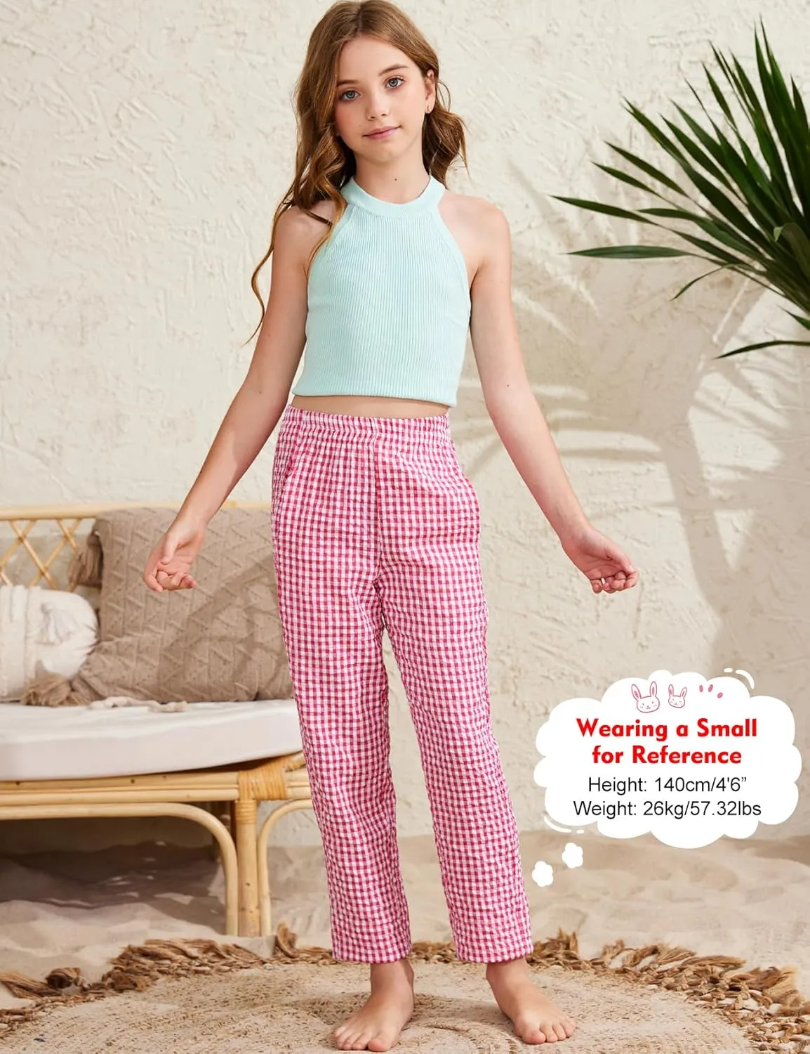 Flygo Girls Plaid Wide Leg Pants Gingham Elastic Waist Trousers Cute Print Bottoms with Slant Pockets