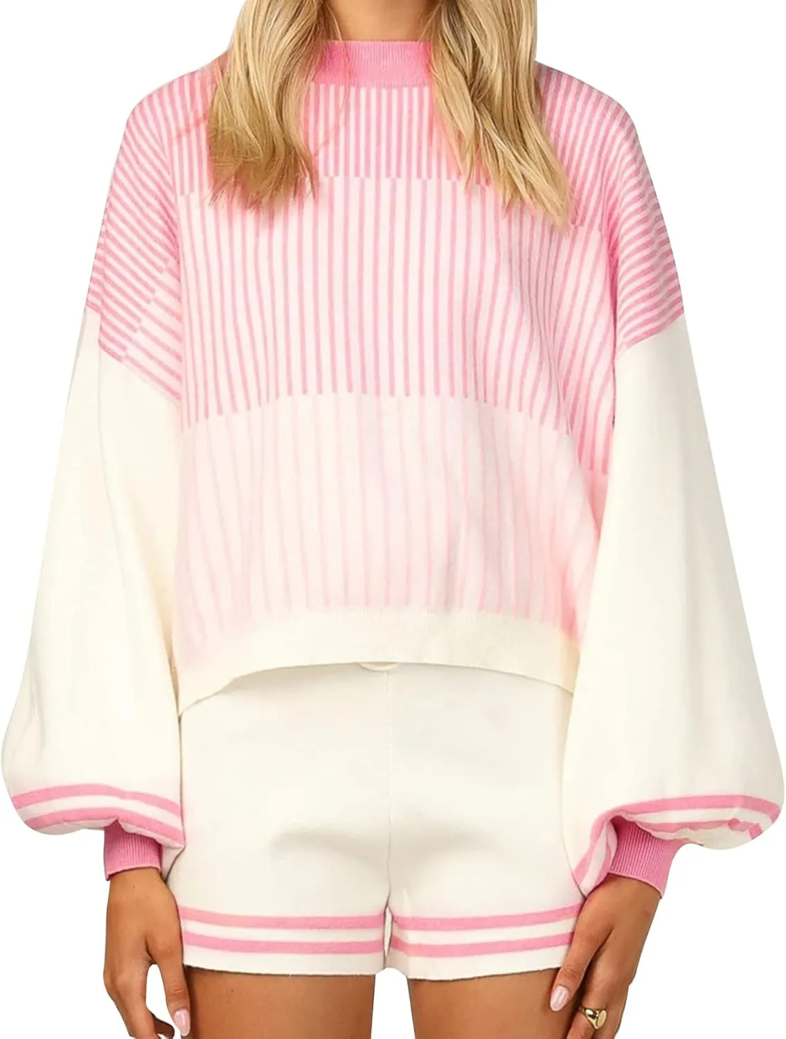 Flygo Womens Knit Striped 2 Piece Outfits Crewneck Pullover Sweater Shorts Set Wide Leg Matching Set Loungewear