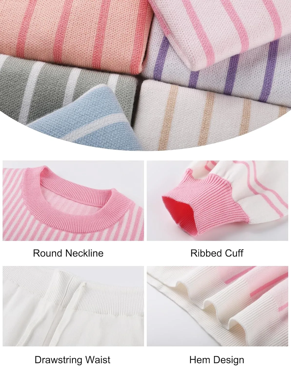 Flygo Womens Knit Striped 2 Piece Outfits Crewneck Pullover Sweater Shorts Set Wide Leg Matching Set Loungewear