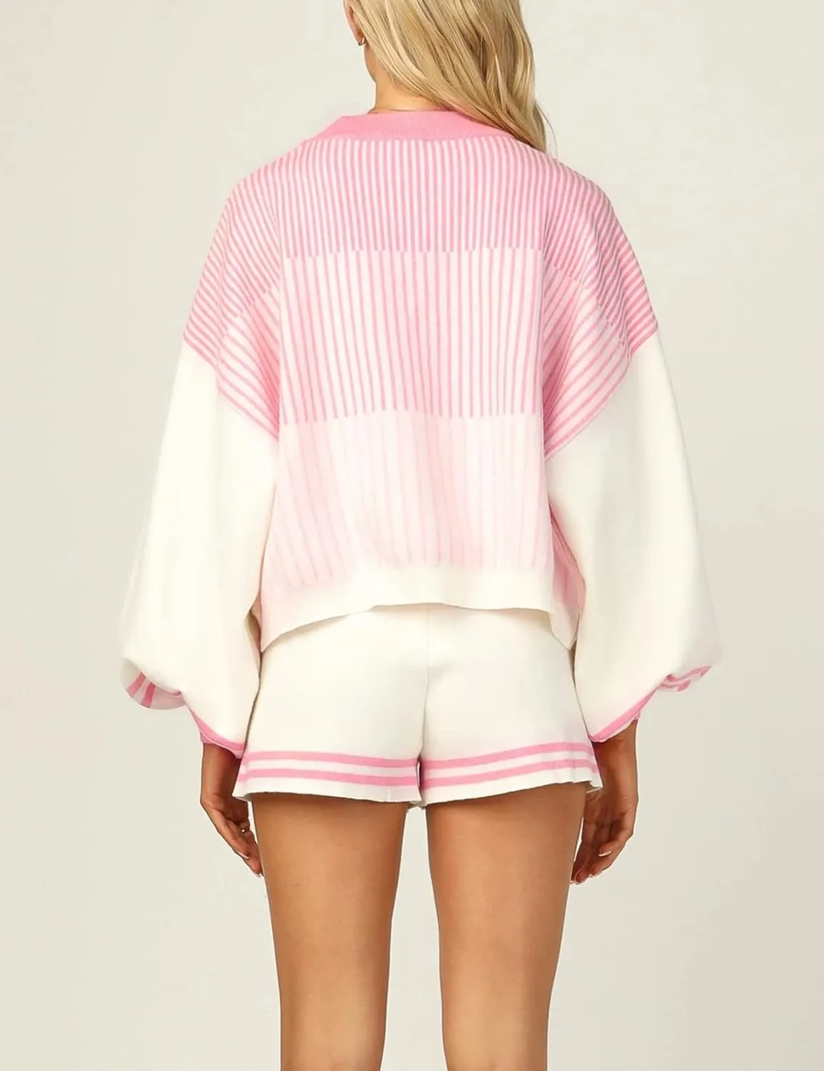 Flygo Womens Knit Striped 2 Piece Outfits Crewneck Pullover Sweater Shorts Set Wide Leg Matching Set Loungewear
