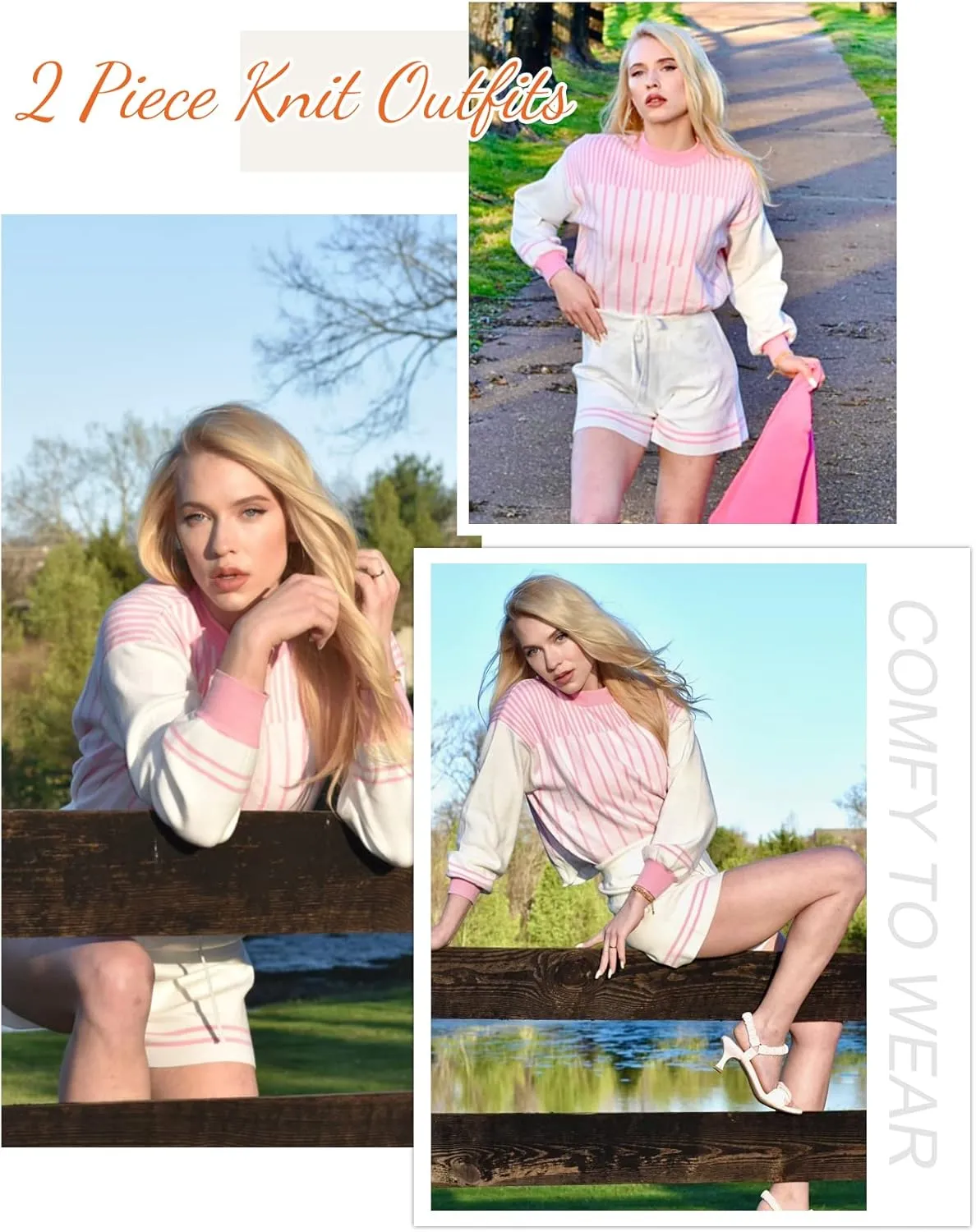 Flygo Womens Knit Striped 2 Piece Outfits Crewneck Pullover Sweater Shorts Set Wide Leg Matching Set Loungewear