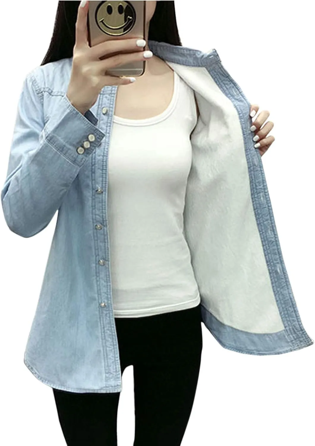 Flygo Women's Thermal Flannel Cotton Fleece Lined Long Sleeve Buttoned Denim Shirt Jacket