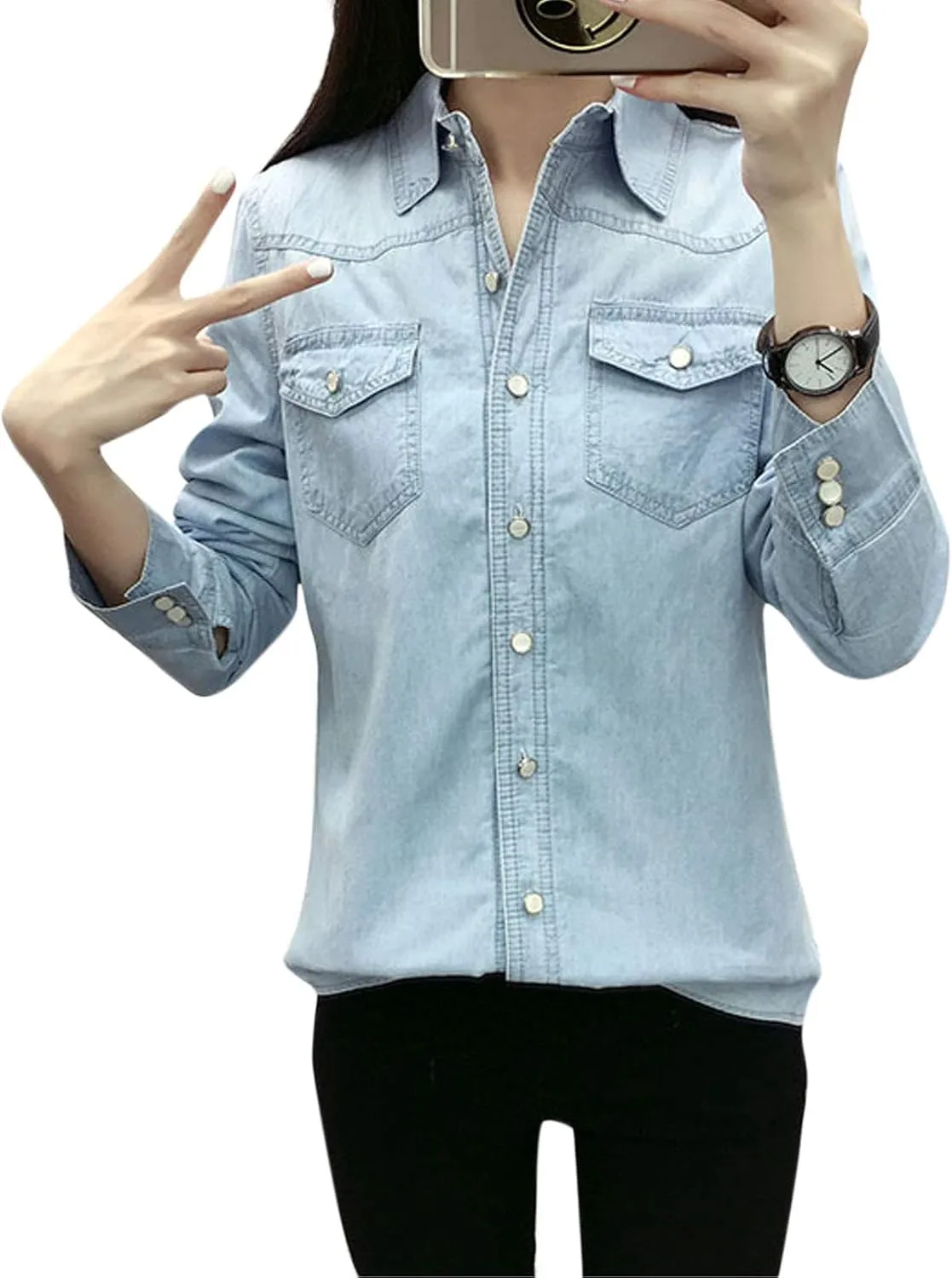 Flygo Women's Thermal Flannel Cotton Fleece Lined Long Sleeve Buttoned Denim Shirt Jacket