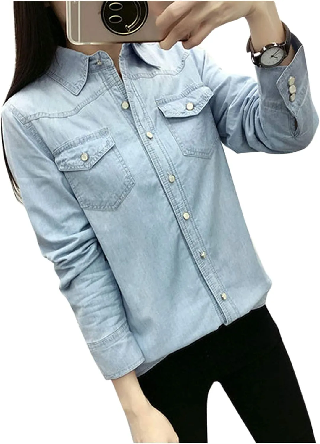 Flygo Women's Thermal Flannel Cotton Fleece Lined Long Sleeve Buttoned Denim Shirt Jacket