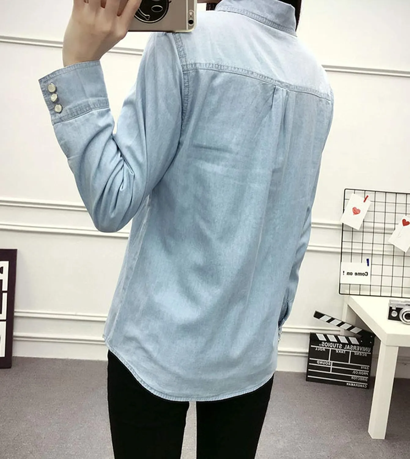 Flygo Women's Thermal Flannel Cotton Fleece Lined Long Sleeve Buttoned Denim Shirt Jacket