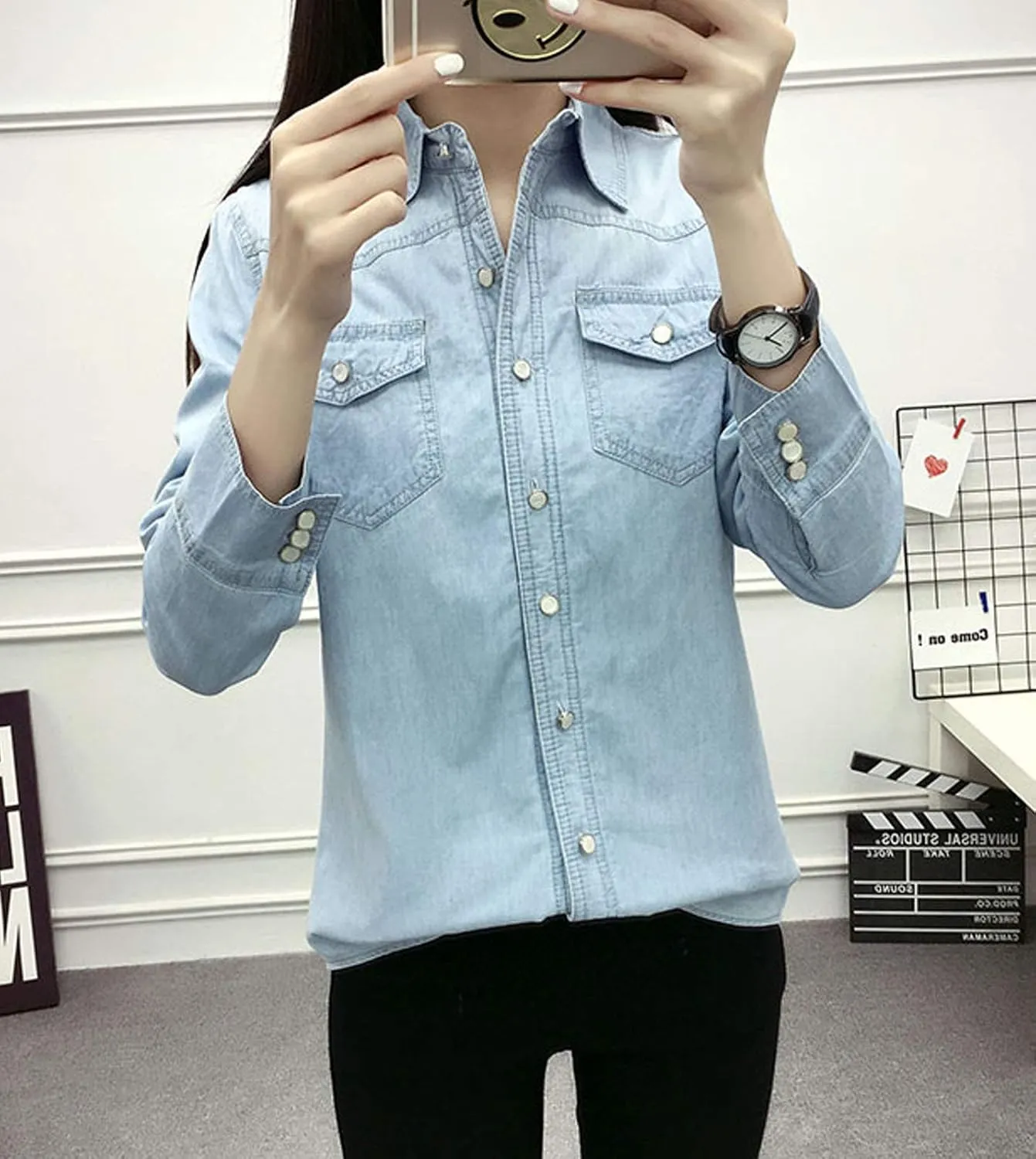 Flygo Women's Thermal Flannel Cotton Fleece Lined Long Sleeve Buttoned Denim Shirt Jacket