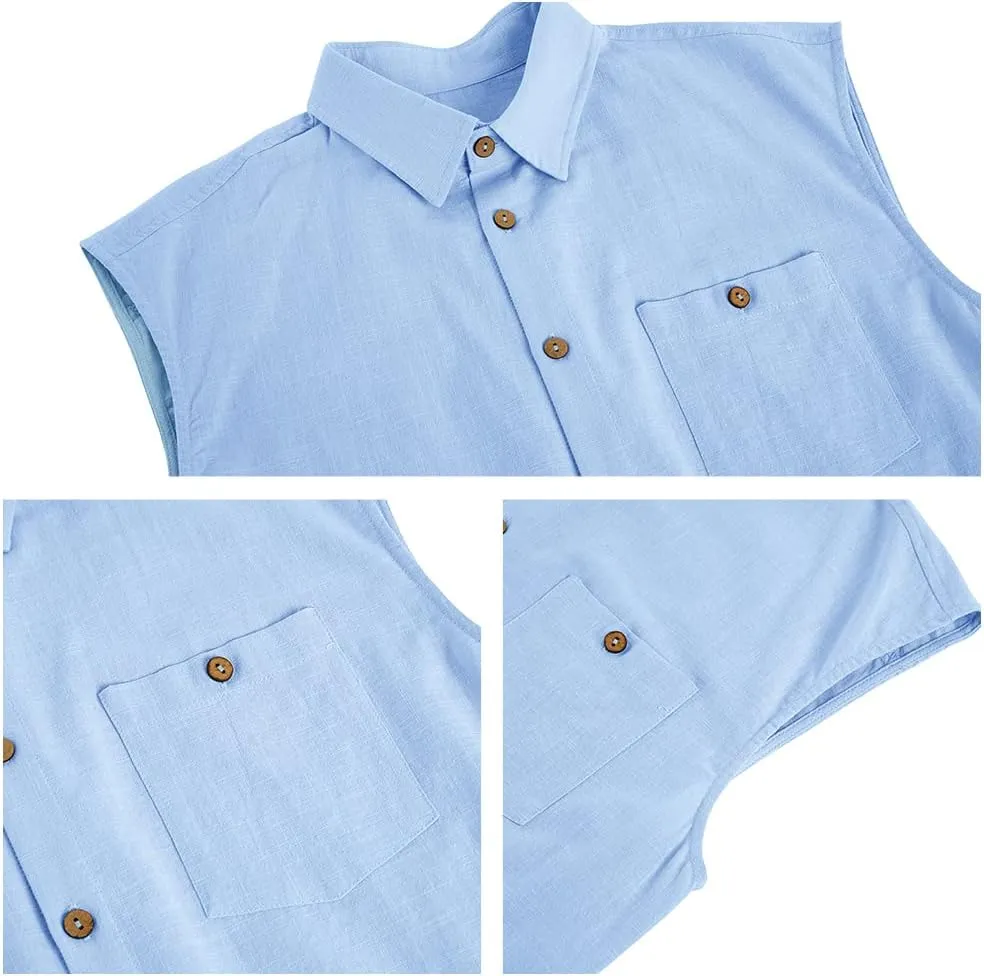 Fommykin Men's Linen Sleeveless Shirts Button Down Beach Tank Top Basic Solid Shirt Vest with Pocket